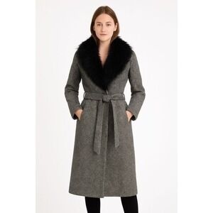 OLIVER Valentino Line Tweed Coat Women M Herringbone Faux Fur Belted Vintage